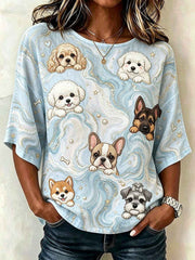 Women's Vintage Marble Pattern & Dogs Art Print Linen Mid-sleeved T-shirt