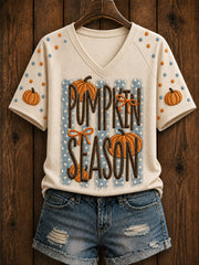 Women's Fall  Pumpkin Season V-neck Off-shoulder Short Sleeve T-shirt gracestitchs