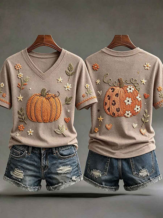 Women's Fall Pumpkin V-Neck T-Shirts gracestitchs