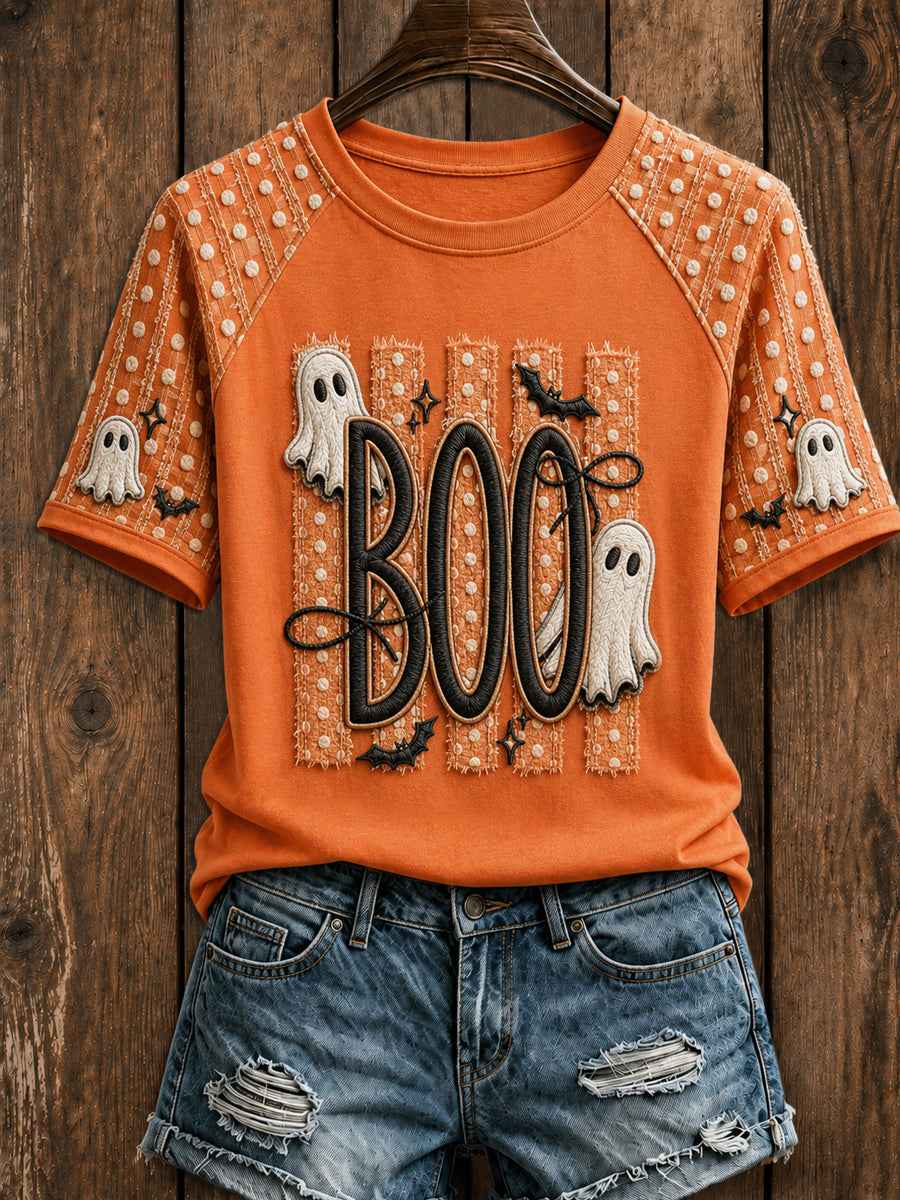 Women's Halloween BOO Spooky Striped Ghost Short Sleeve T-shirt