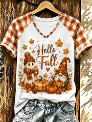 Women's Fall Printed V-neck off-shoulder short-sleeved T-shirt gracestitchs