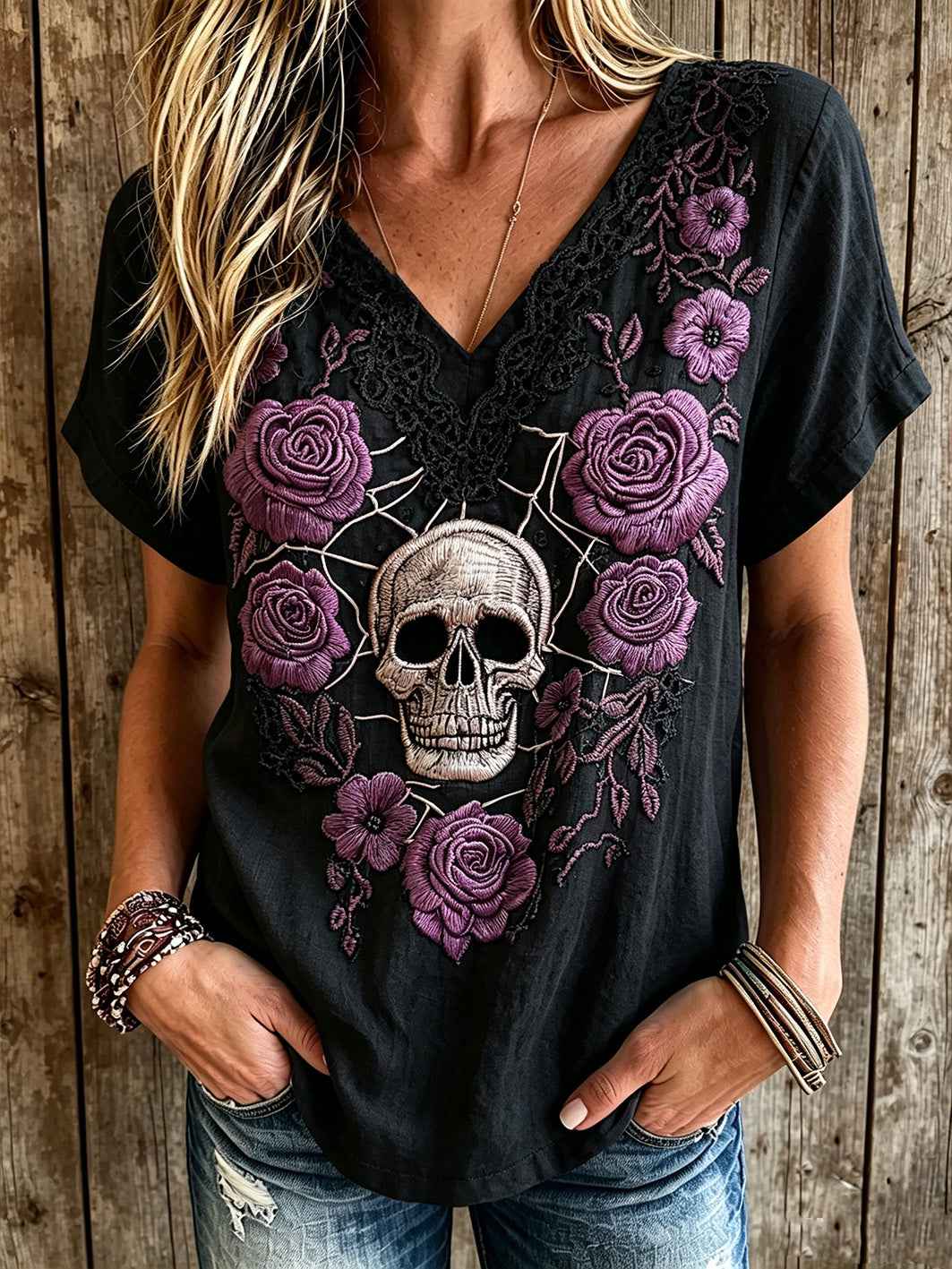 Women's dark style skull and floral pattern printed casual cotton and linen T-shirt