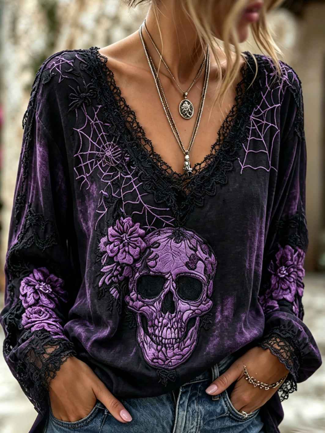 Women's dark style skull and floral pattern printed casual cotton and linen shirt