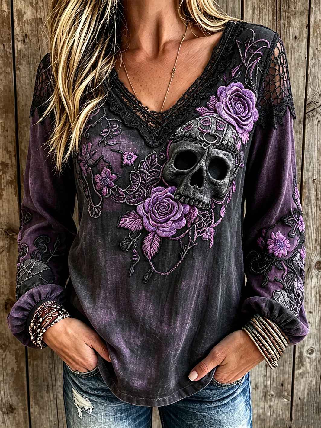 Women's dark style skull and floral pattern printed casual cotton and linen shirt