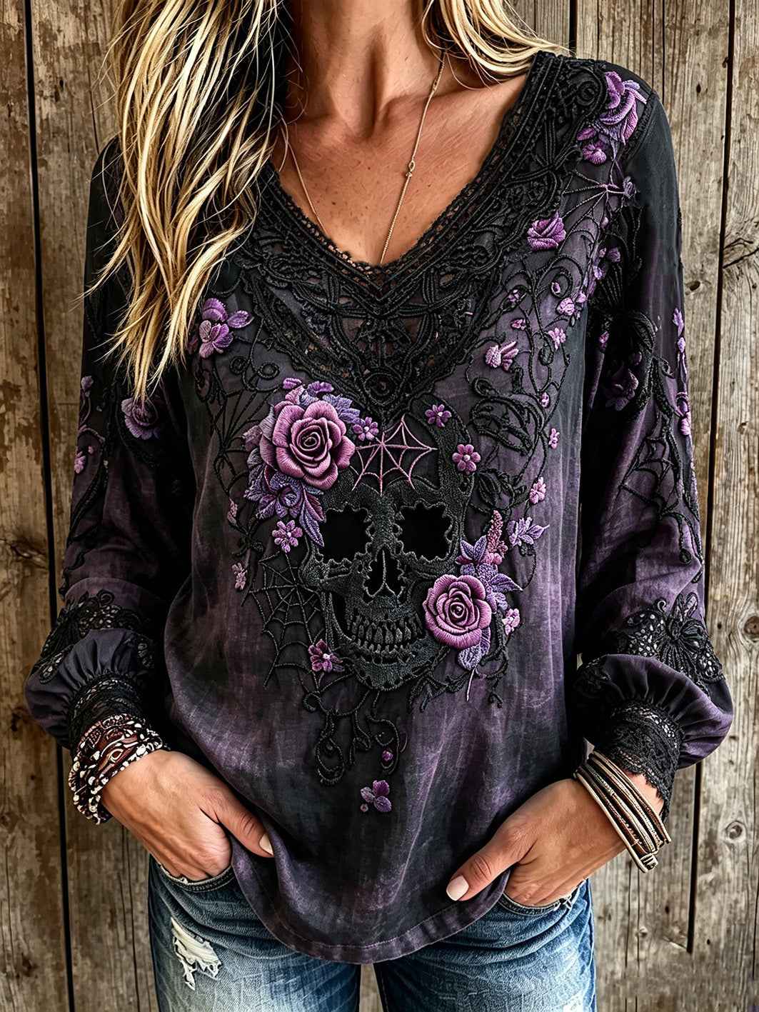 Women's dark style skull and floral pattern printed casual cotton and linen shirt