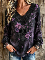 Women's dark style skull and floral pattern printed casual cotton and linen shirt