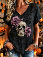 Women's dark style skull and floral pattern printed casual cotton and linen T-shirt