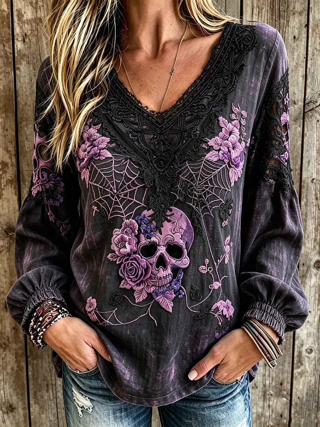 Women's dark style skull and floral pattern printed casual cotton and linen shirt
