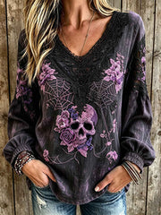 Women's dark style skull and floral pattern printed casual cotton and linen shirt