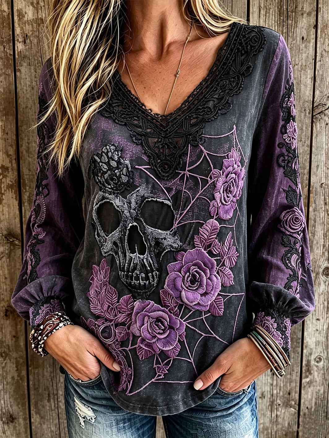 Women's dark style skull and floral pattern printed casual cotton and linen shirt