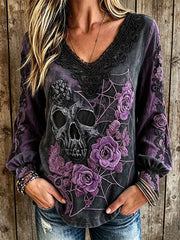 Women's dark style skull and floral pattern printed casual cotton and linen shirt