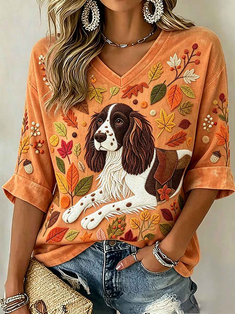 Women's Cute Springer Spaniel Fall Art Print Mid-length Sleeves V-Neck T-Shirt