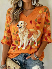 Women's Cute Labrador Dog Fall Art Print Mid-length Sleeves V-Neck T-Shirt