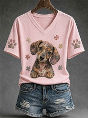 Women's Puzzle Piece Dog Print V-Neck Tee