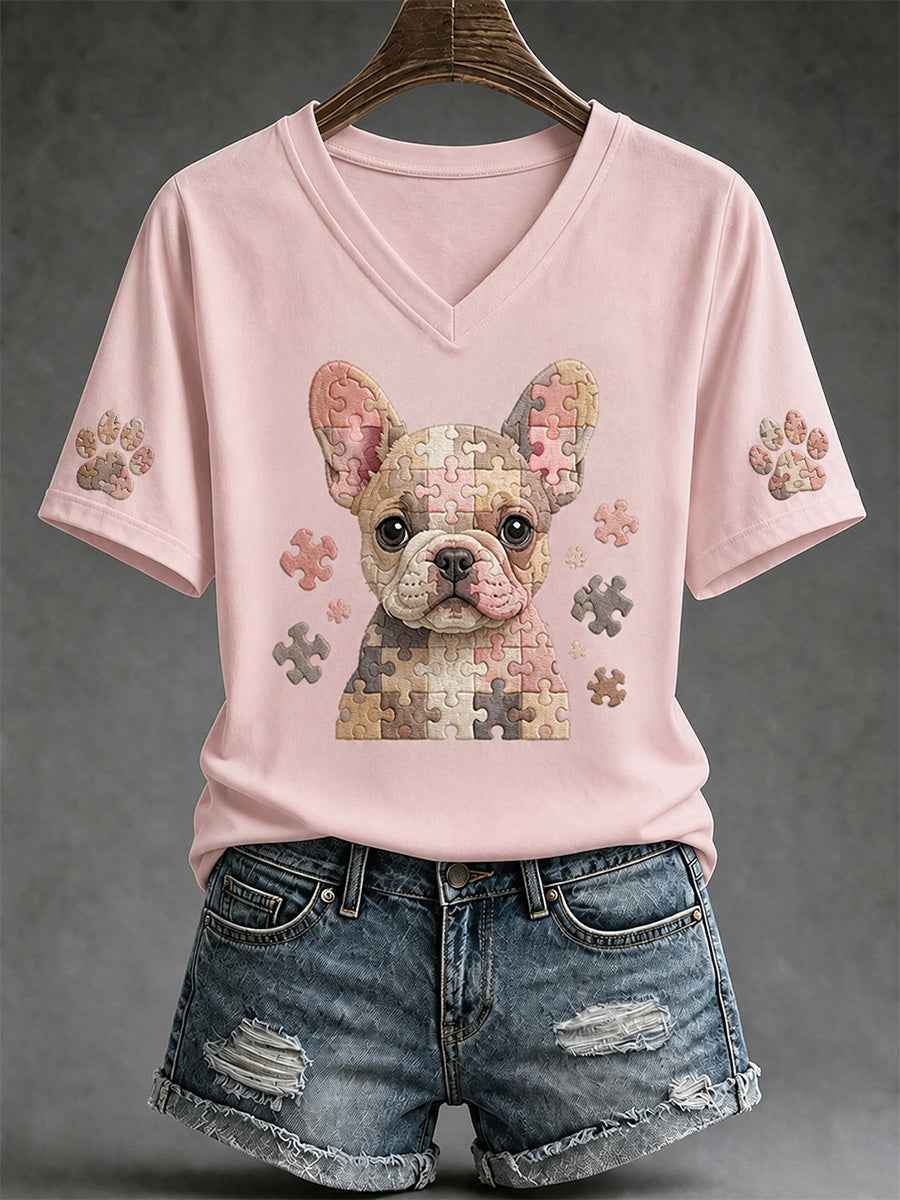Women's Puzzle Piece Dog Print V-Neck Tee gracestitchs