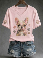 Women's Puzzle Piece Dog Print V-Neck Tee gracestitchs