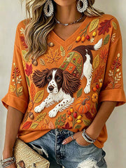 Women's Cute Springer Spaniel Fall Art Print Mid-length Sleeves V-Neck T-Shirt
