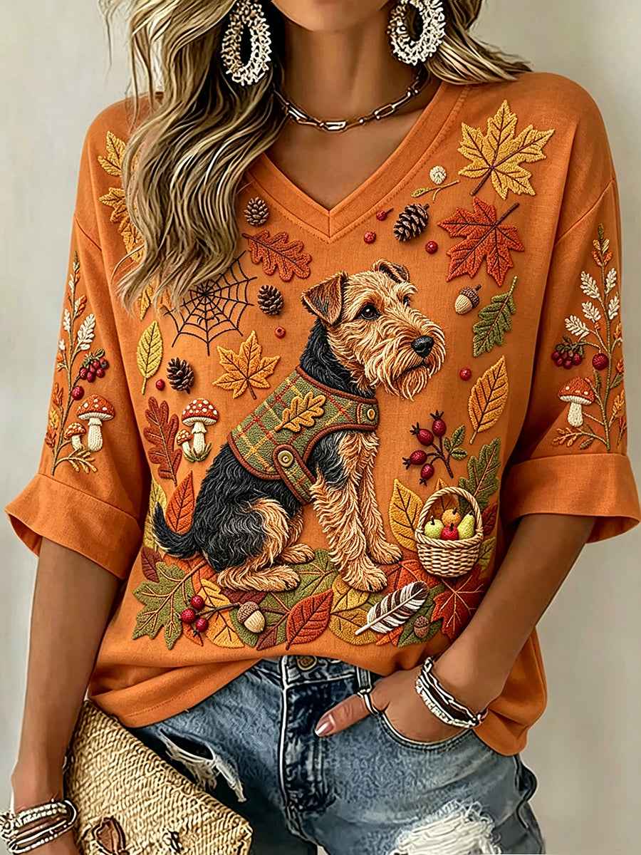 Women's Vintage Airedale Terrier Dog Fall Art Print Mid-length Sleeves V-Neck T-Shirt