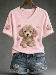 Women's Puzzle Piece Dog Print V-Neck Tee