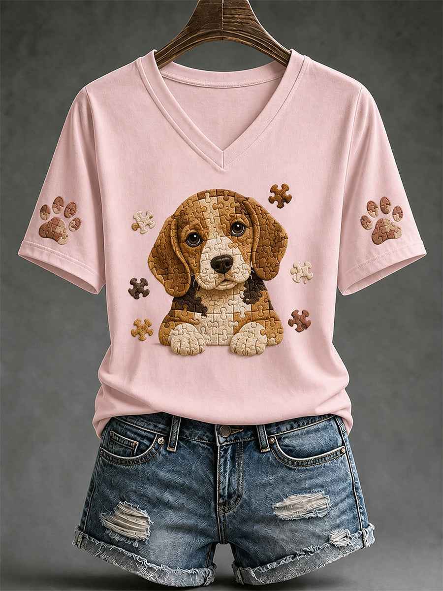 Women's Puzzle Piece Dog Print V-Neck Tee gracestitchs