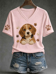 Women's Puzzle Piece Dog Print V-Neck Tee gracestitchs