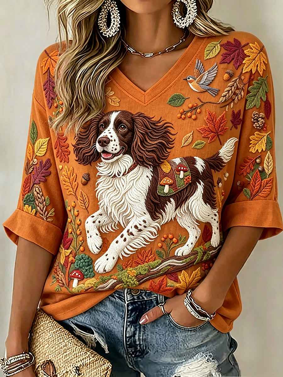 Women's Cute Springer Spaniel Fall Art Print Mid-length Sleeves V-Neck T-Shirt