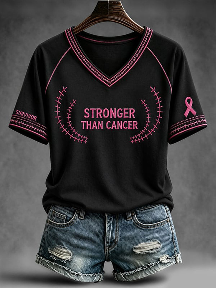 Women's Stronger Than Cancer V-neck Off-shoulder Short-sleeved T-shirt gracestitchs