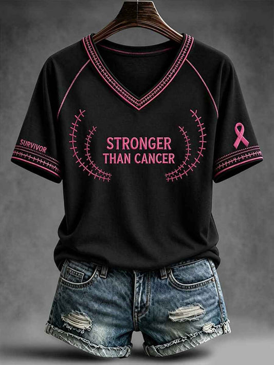Women's Stronger Than Cancer V-neck Off-shoulder Short-sleeved T-shirt
