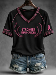 Women's Stronger Than Cancer V-neck Off-shoulder Short-sleeved T-shirt gracestitchs