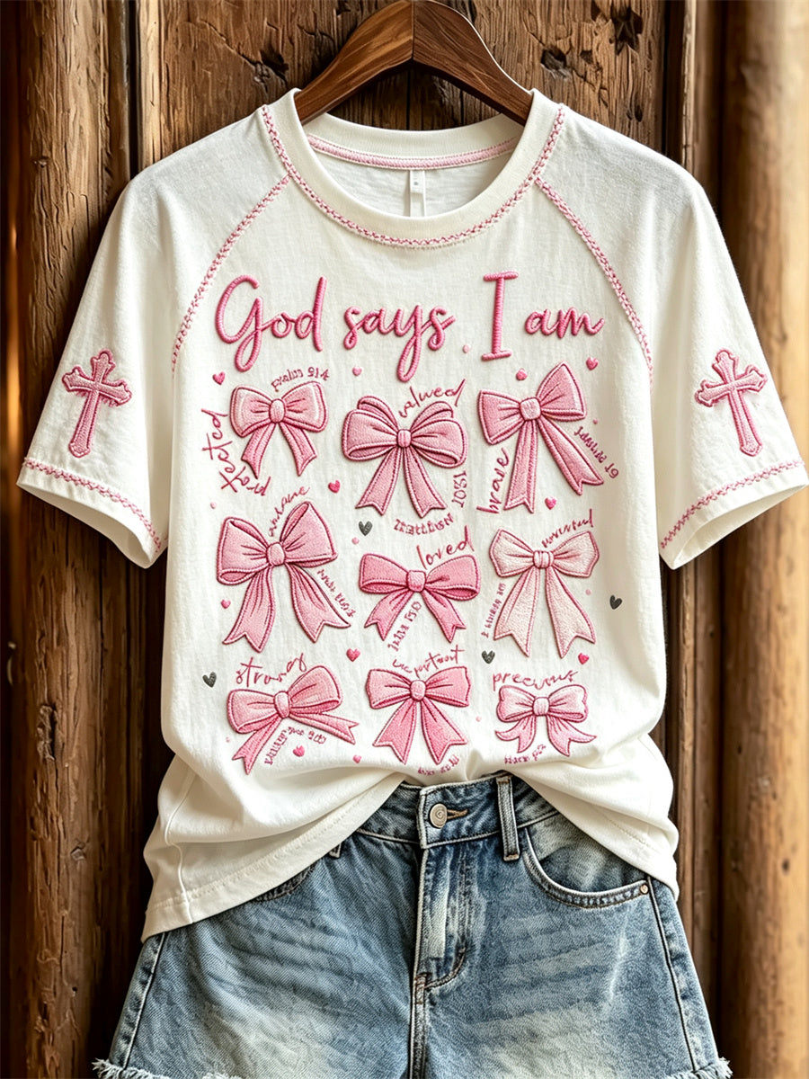 Women's God Says I Am Pink Bow Knots & Cross Print short sleeve T-shirt gracestitchs