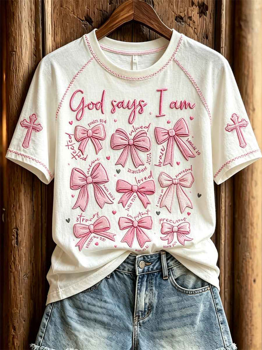 Women's God Says I Am Pink Bow Knots & Cross Print short sleeve T-shirt