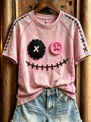Women's Lovely Monster Face Pink Stitches Print short sleeve T-shirt gracestitchs