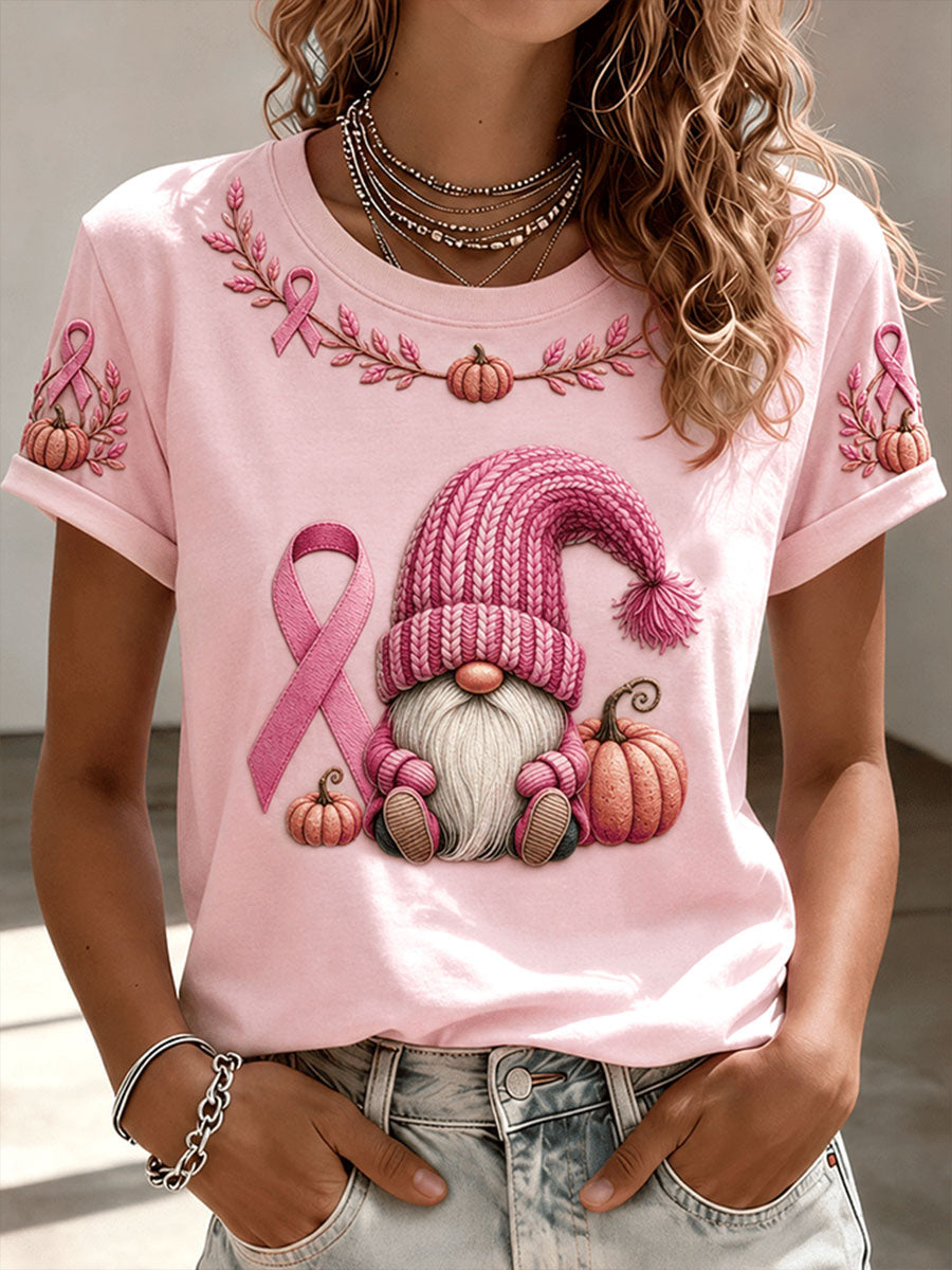 Women's Breast Cancer Awareness Pink Yarn Beanie Gnome Short-sleeved T-shirt gracestitchs