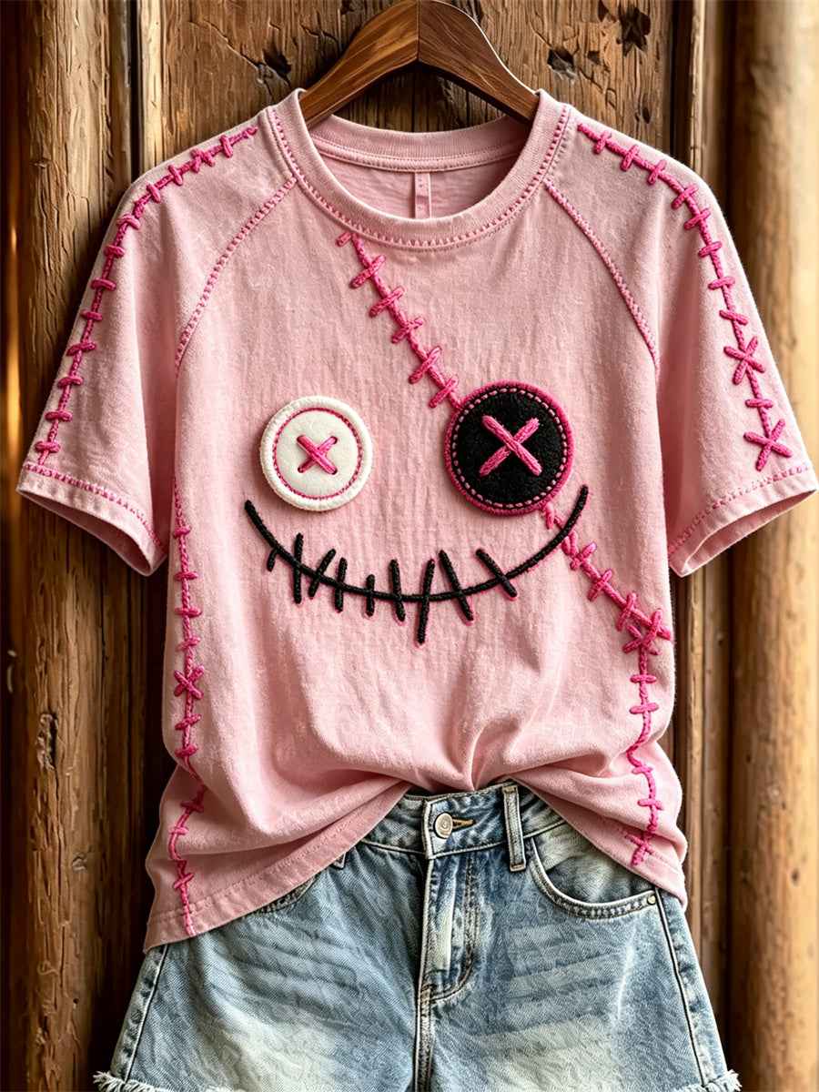 Women's Lovely Monster Face Pink Stitches Print short sleeve T-shirt gracestitchs