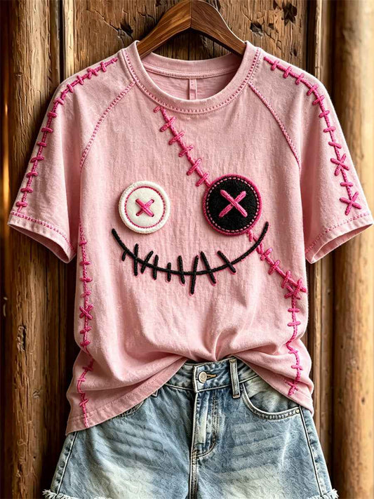 Women's Lovely Monster Face Pink Stitches Print short sleeve T-shirt