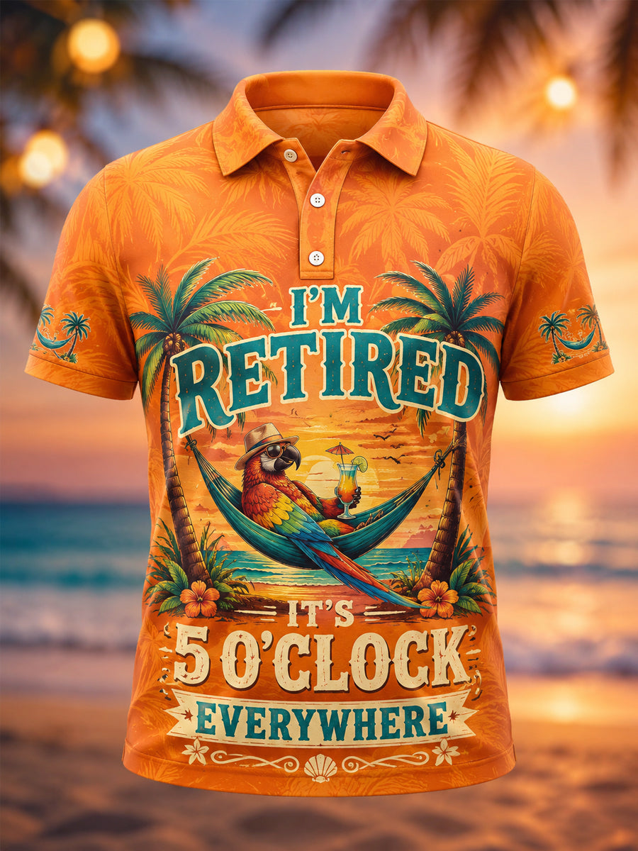 Men's I'm Retired It's 5 O'clock Everywhere Parrot Print Casual Polo gracestitchs