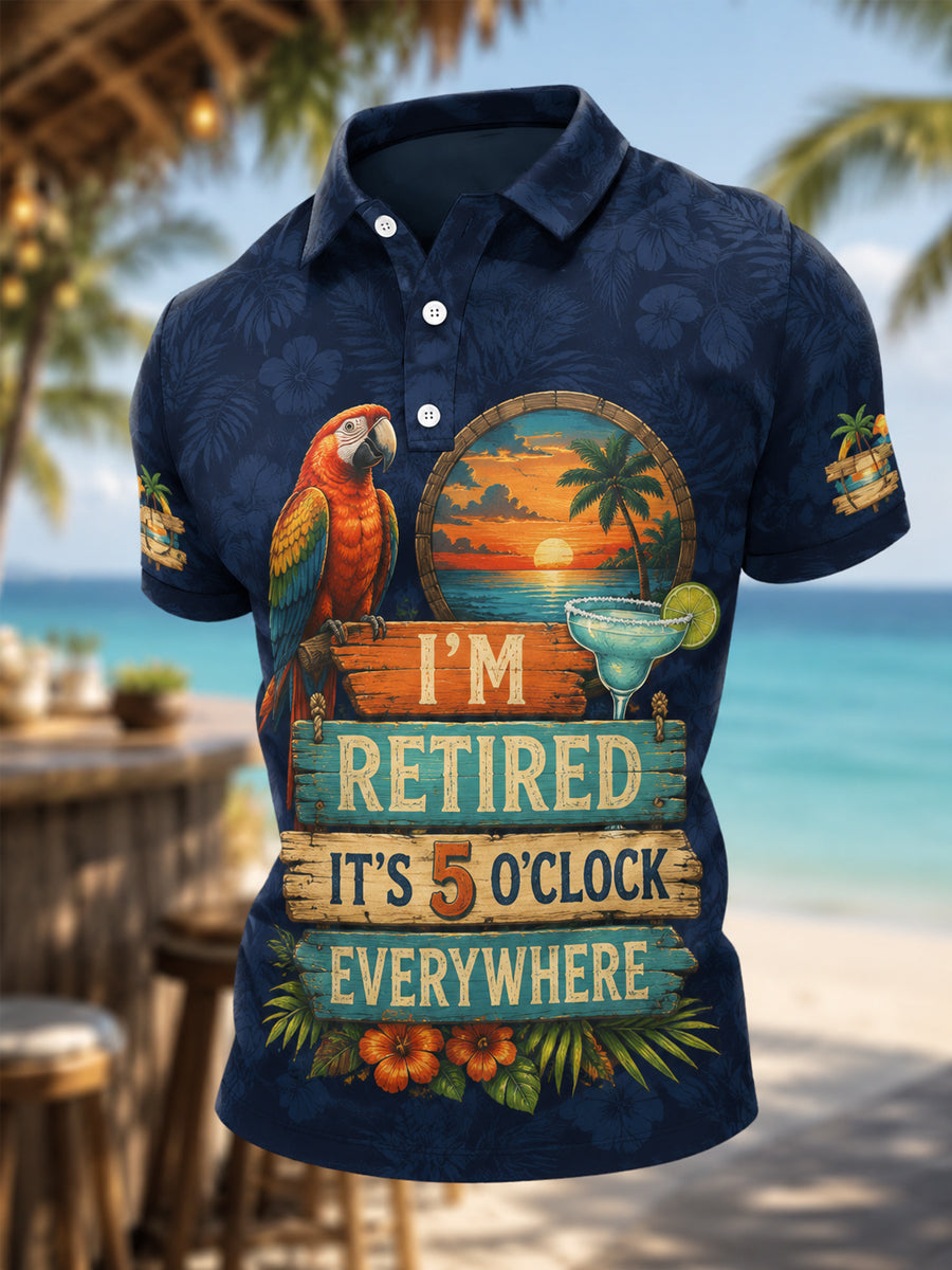 Men's I'm Retired It's 5 O'clock Everywhere Parrot Print Casual Polo gracestitchs