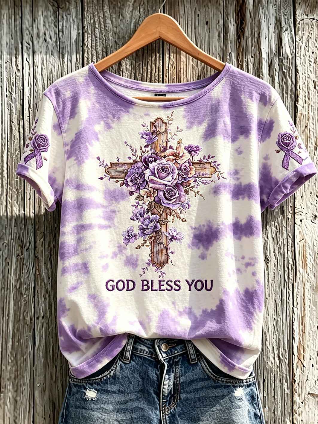 Women's retro floral and cross pattern print tie-dye design casual short-sleeve T-shirt gracestitchs