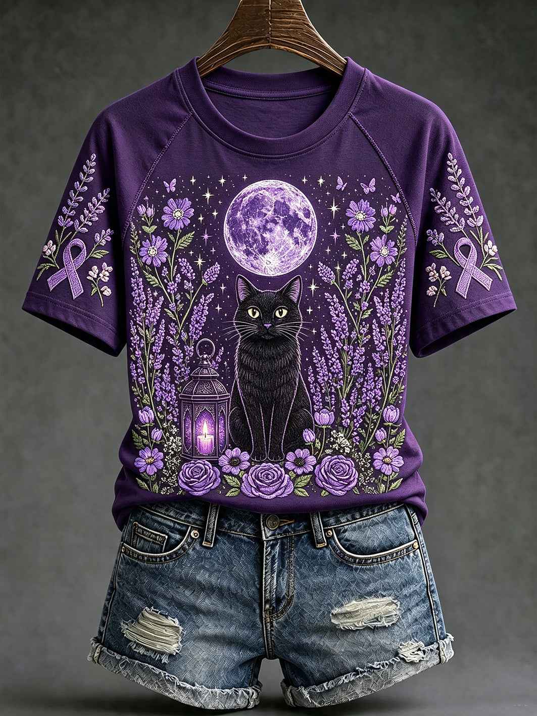 Women's purple floral and cat pattern printed casual short-sleeve T-shirt gracestitchs