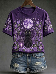 Women's purple floral and cat pattern printed casual short-sleeve T-shirt gracestitchs