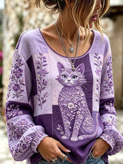 Women's purple floral and cat pattern printed casual cotton-linen shirt gracestitchs