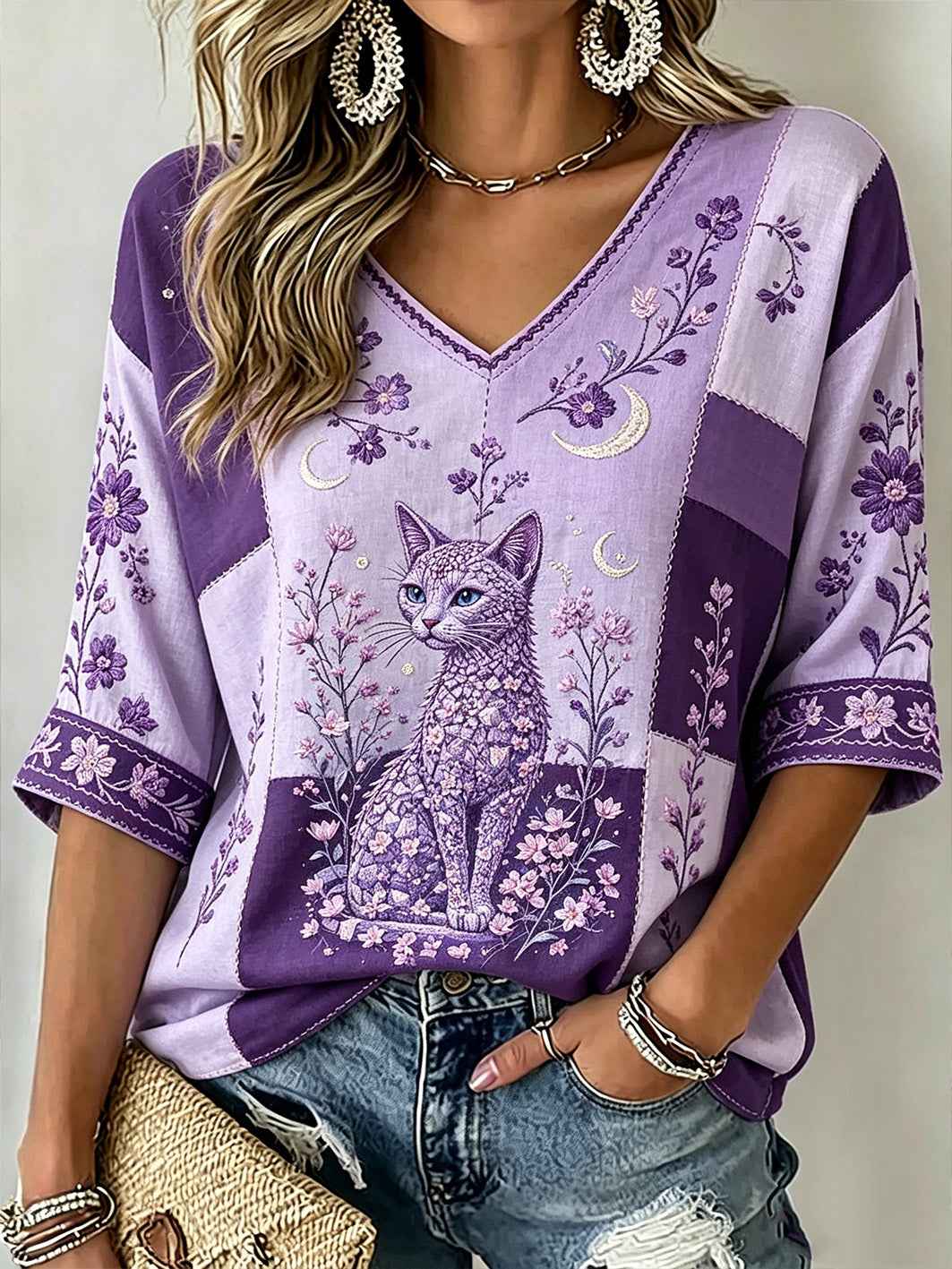 Women's purple floral and cat pattern printed casual shirt gracestitchs
