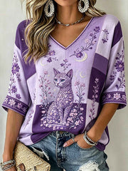 Women's purple floral and cat pattern printed casual shirt gracestitchs