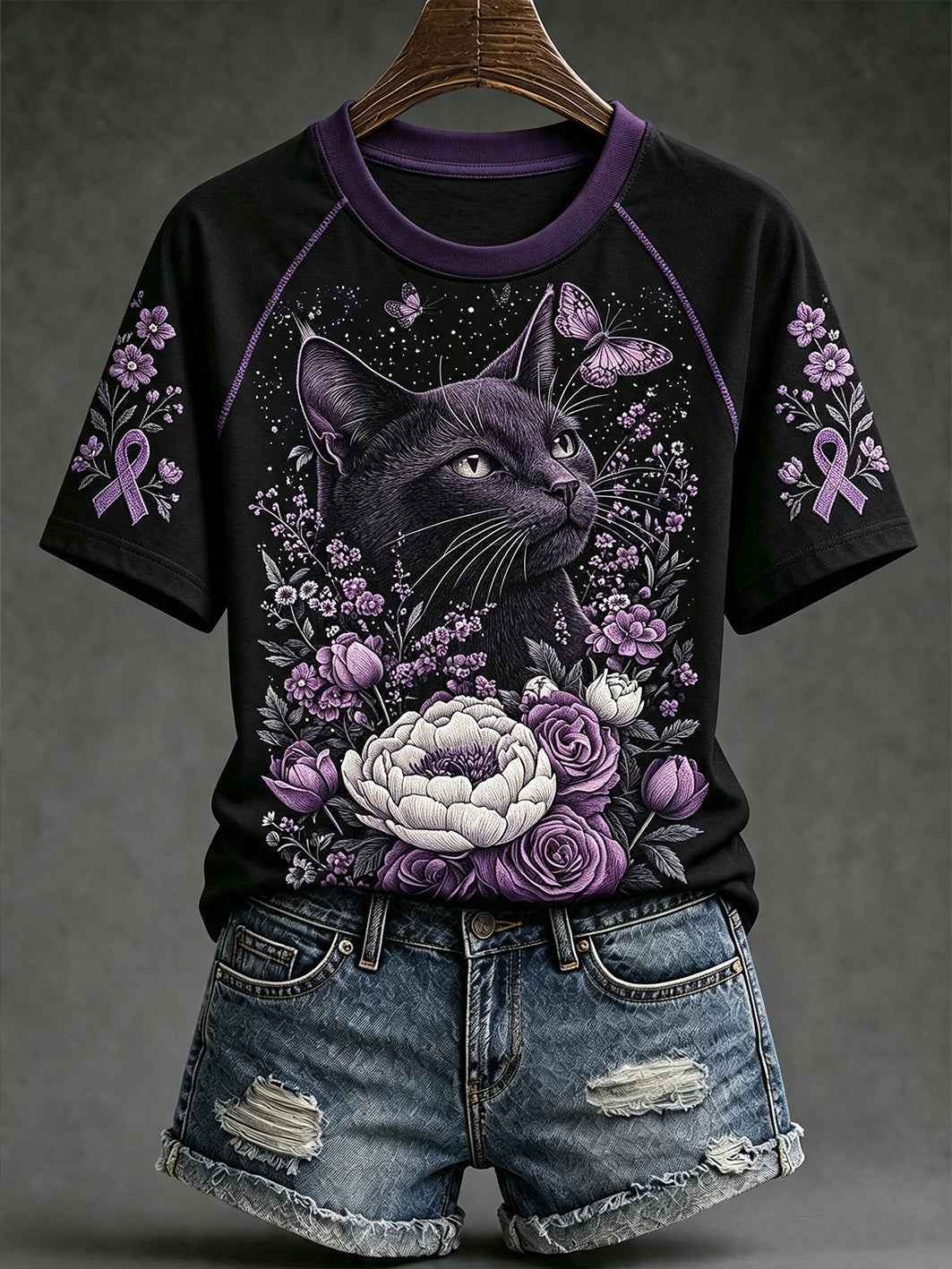 Women's purple floral and cat pattern printed casual short-sleeve T-shirt gracestitchs