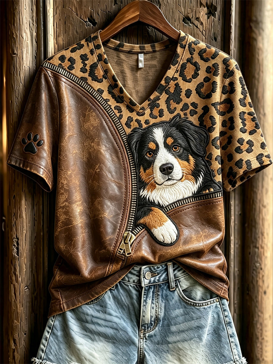 Women's Peeking Bernese Mountain Dog Unzipped Leopard Print short-sleeved T-shirt gracestitchs
