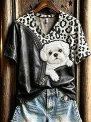 Women's Peeking Maltese Dog Unzipped Leopard Print short-sleeved T-shirt gracestitchs