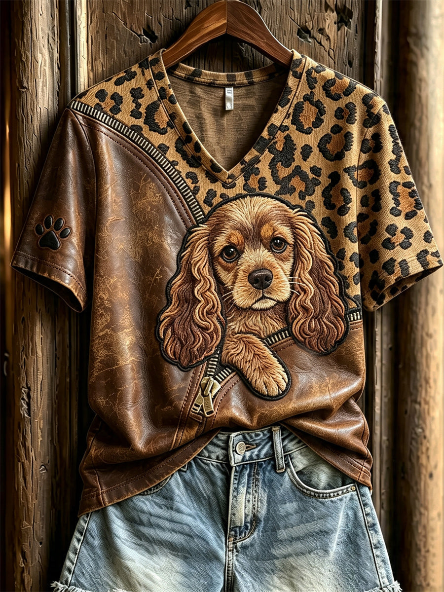 Women's Peeking Cocker Spaniel Dog Unzipped Leopard Print short-sleeved T-shirt gracestitchs