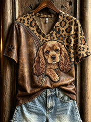 Women's Peeking Cocker Spaniel Dog Unzipped Leopard Print short-sleeved T-shirt gracestitchs