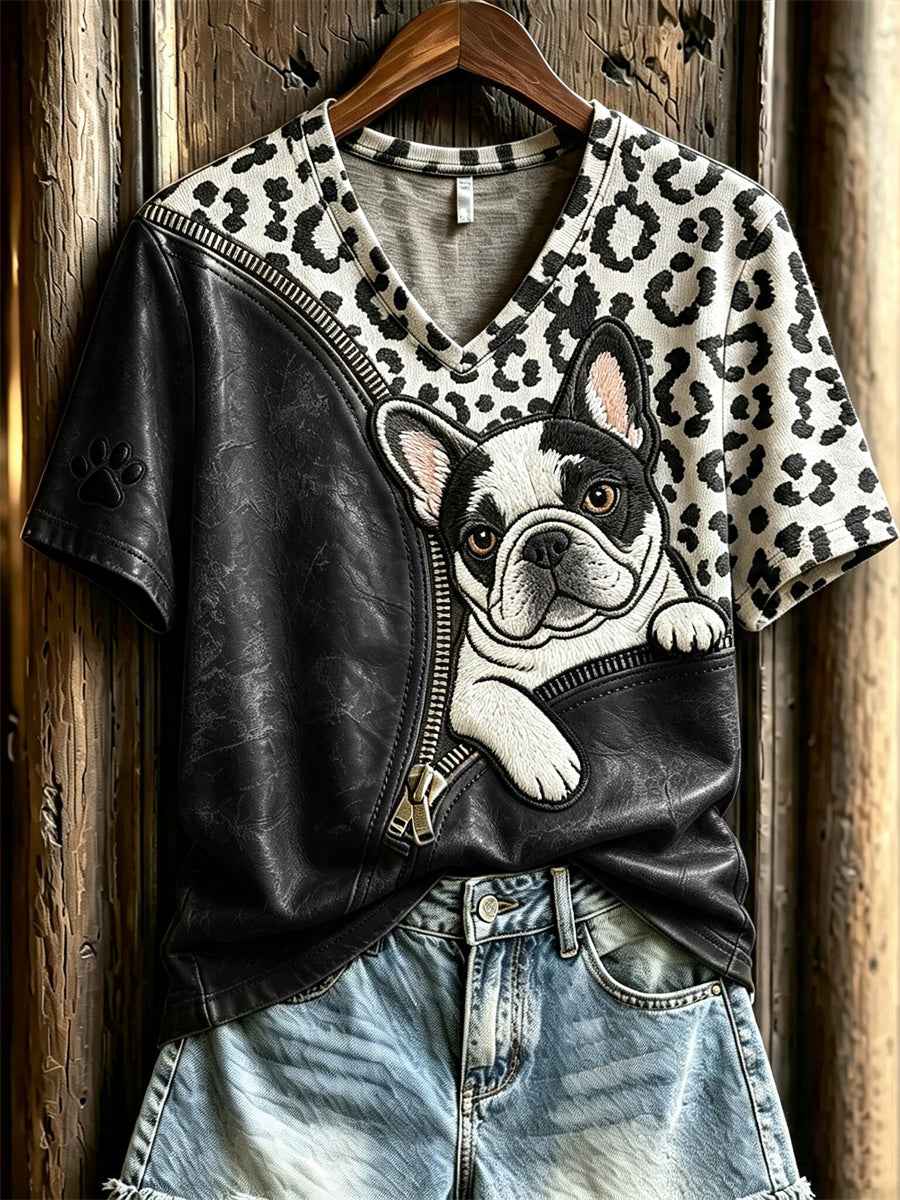 Women's Peeking French Bulldog Unzipped Leopard Print short-sleeved T-shirt gracestitchs