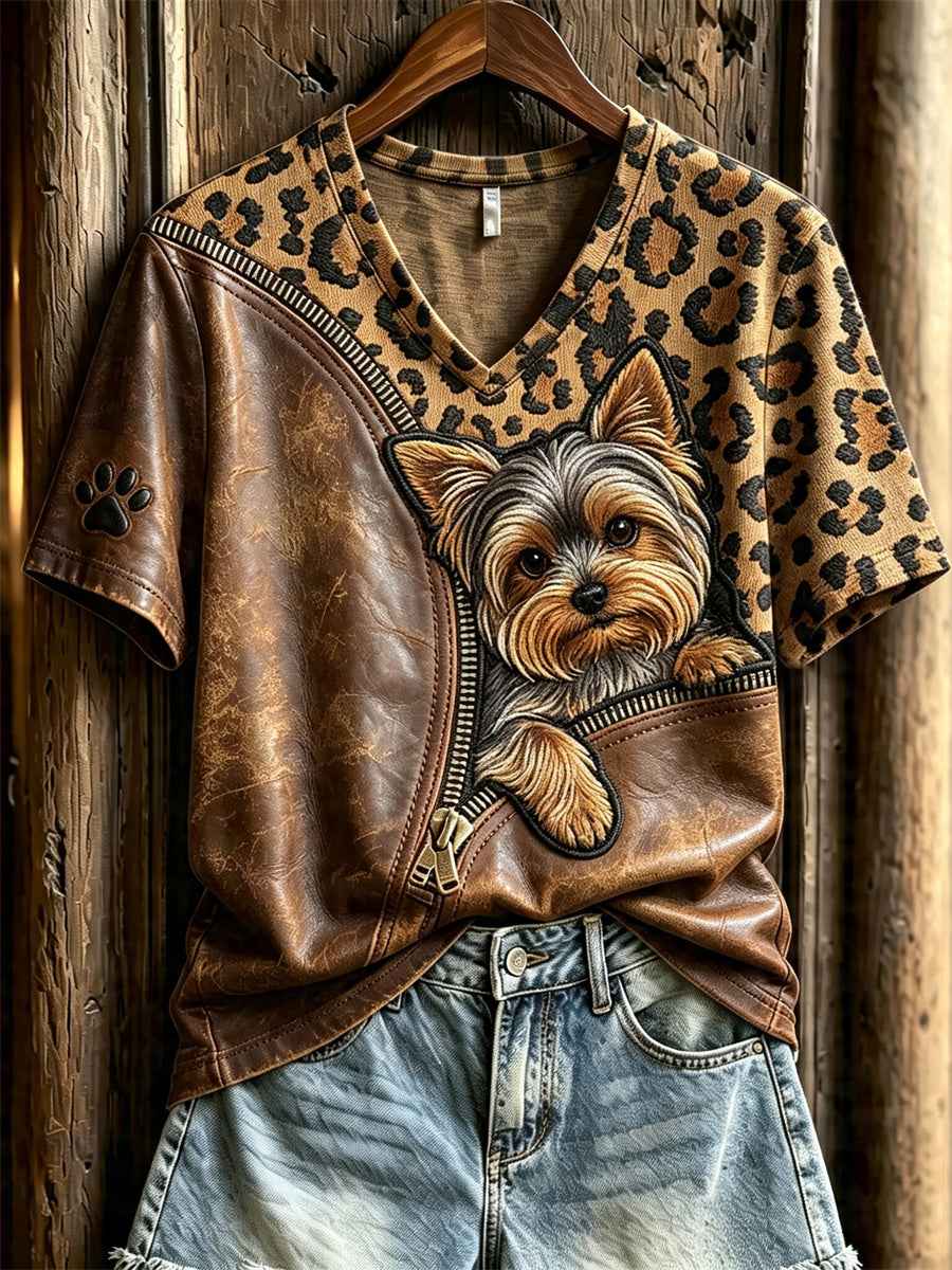 Women's Peeking Yorkshire Terrier Dog Unzipped Leopard Print short-sleeved T-shirt gracestitchs